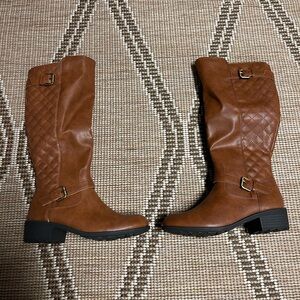 B Darlin Brown Heeled Boots with Quilted Pattern and Buckle Details